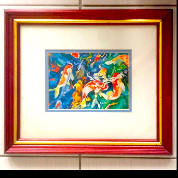 Tracy Reid Other - Framed Koi Fish Colourful Water Painting Print by Tracy Reid 1991 - Oak Frame